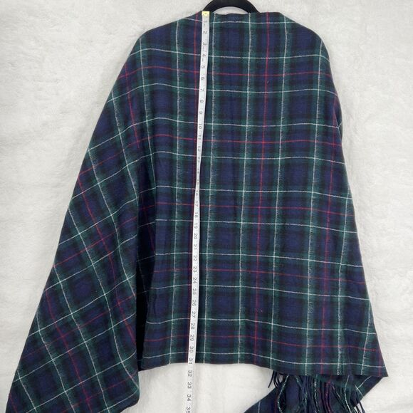 J Crew Plaid Wrap Womens One Size Navy Green Wool Blend Fringe Shawl Poncho - Picture 7 of 9